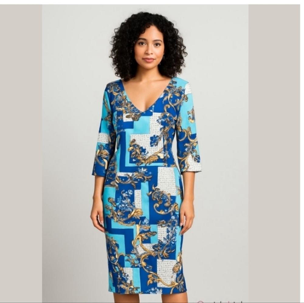Olivia Matthews V-neck Brocade Floral 3/4 Sleeve Knee Legnth Dress